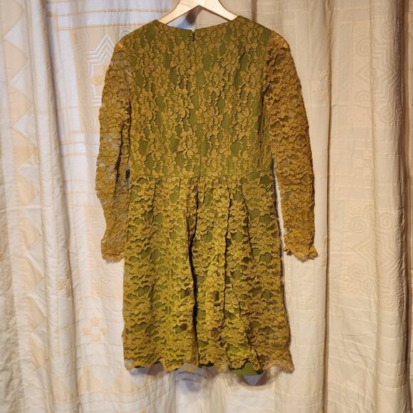 👗 VTG 60s Handmade Lace Dress Olive Mod Long Sleeve 🎯 - Picture 3 of 8